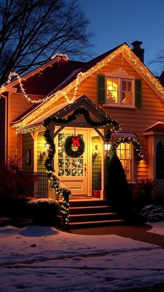A charming Christmas house with lights, wreath, and a decorated tree visible through the window.
